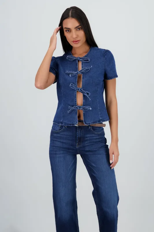 Top de denim de manga corta con detalle moños sold by Shasa