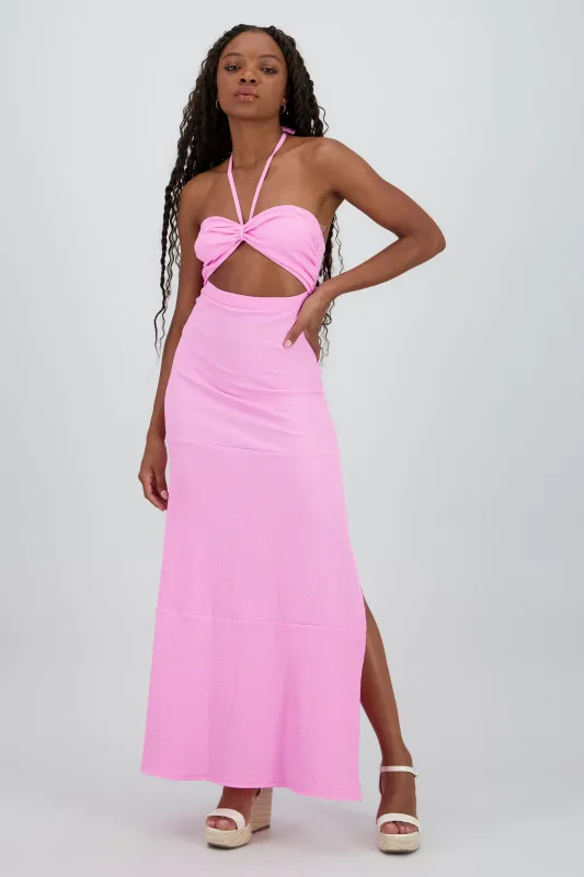 Vestido maxi halter textura cutout sold by Shasa
