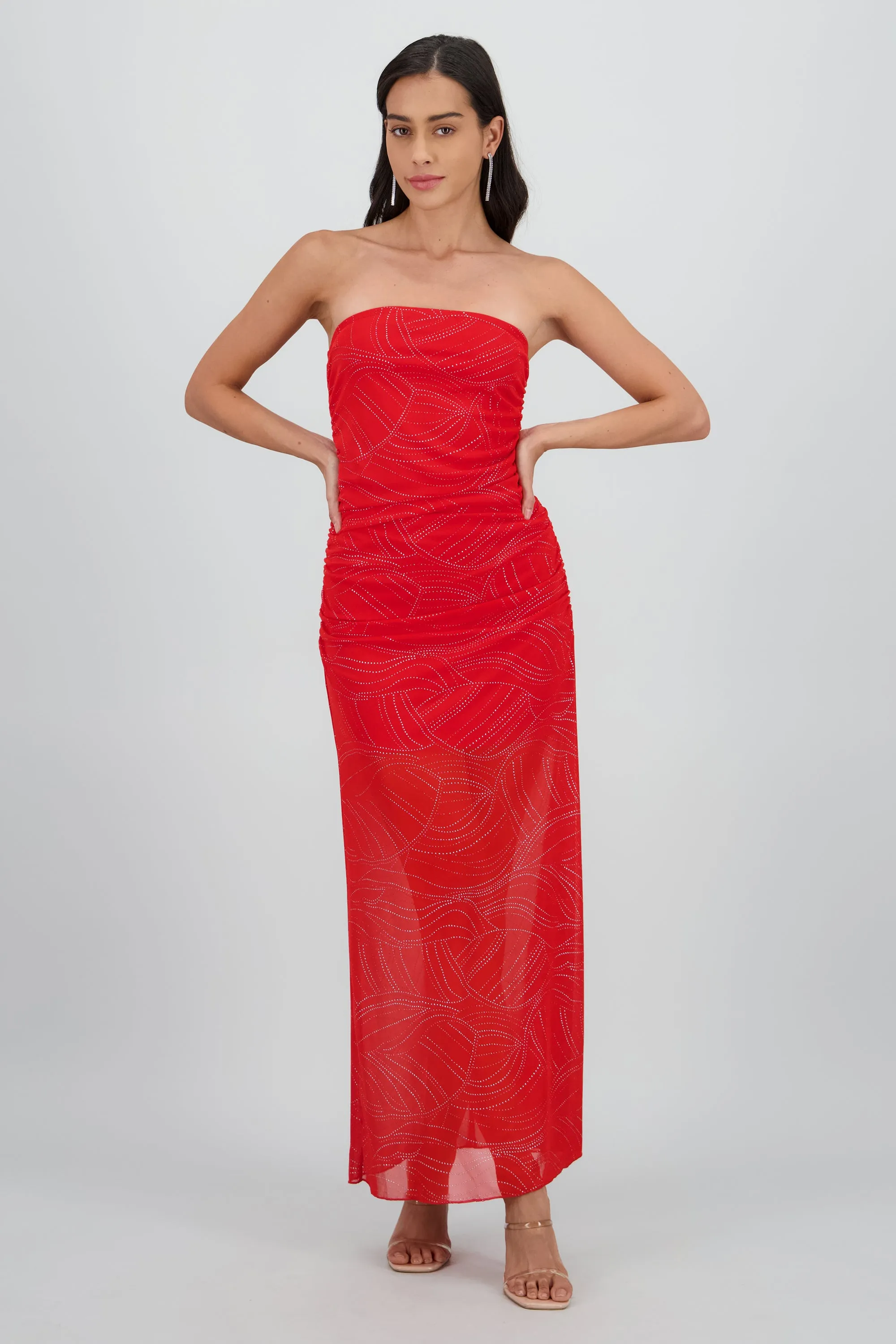 Vestido strapless midi drapeado detalle brillos sold by Shasa