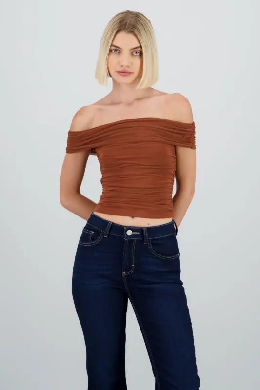 Top off shoulder mesh drapeado sold by Shasa