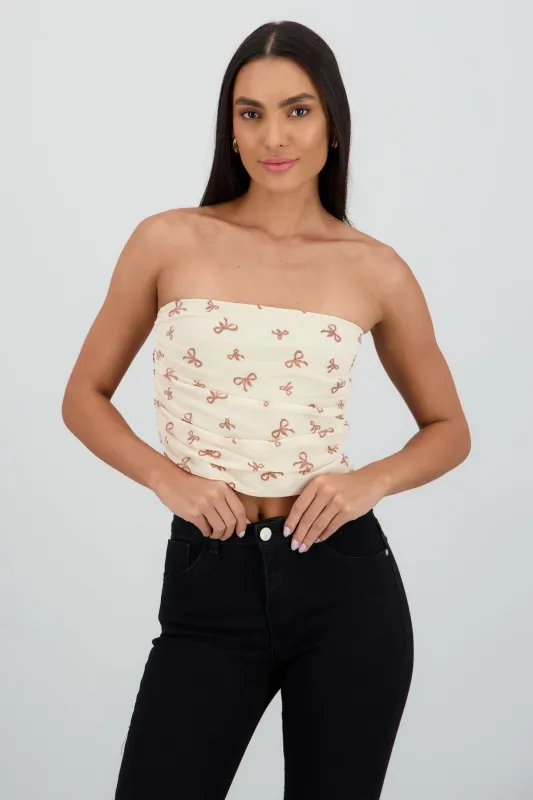 Top tubo drapeado strapless detalle mesh sold by Shasa