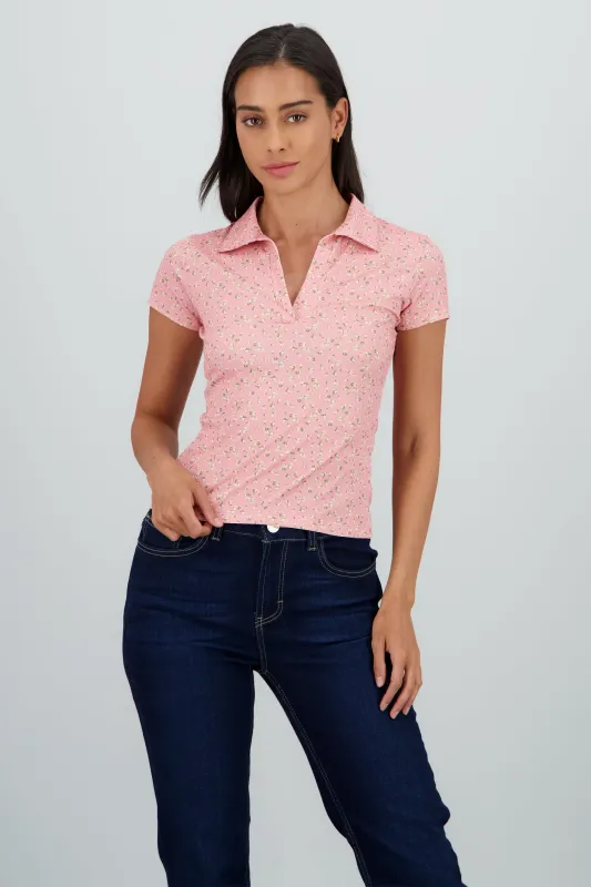 Blusa cuello polo estampado mini flores sold by Shasa