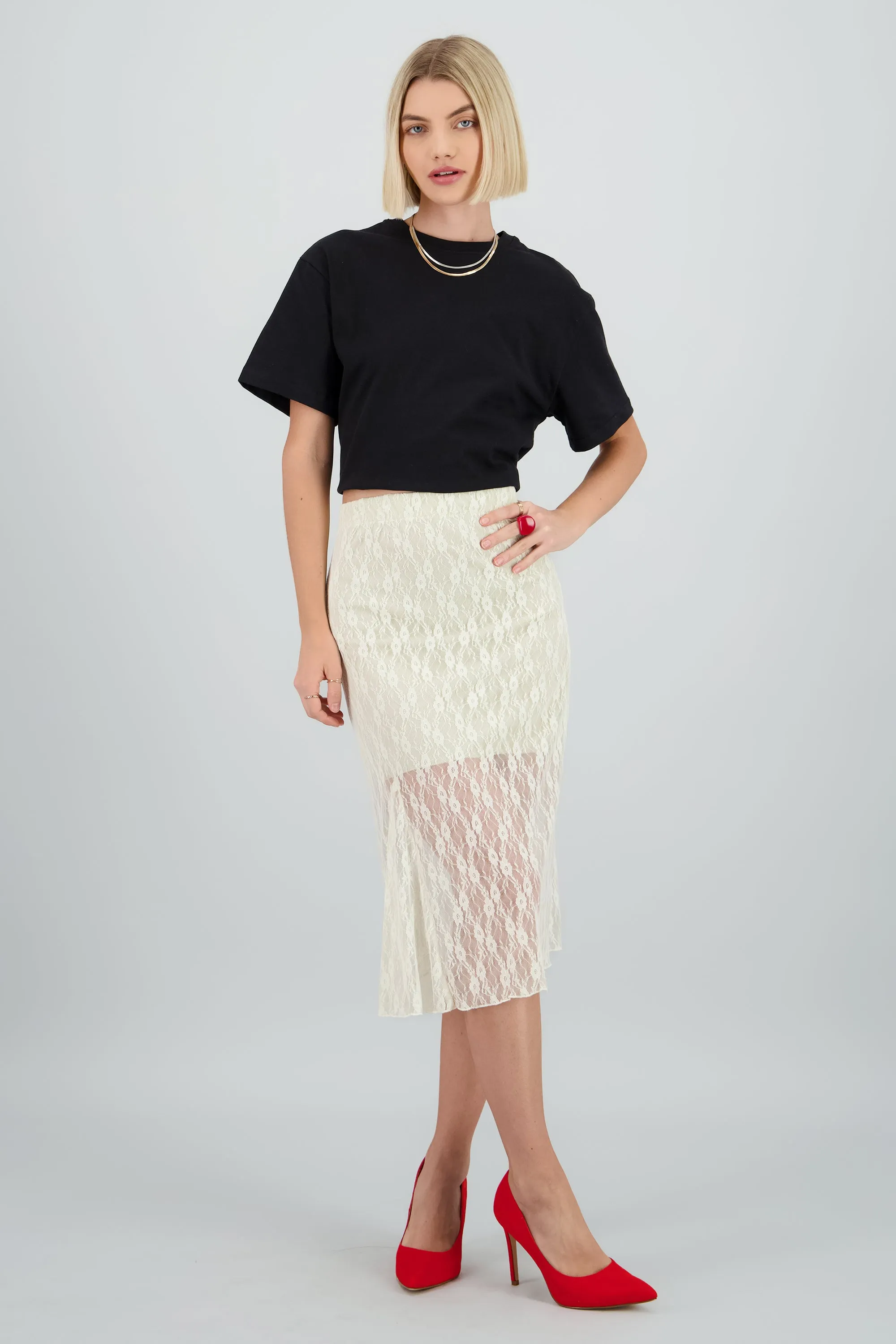 Falda midi rsorte detalle encaje sold by Shasa