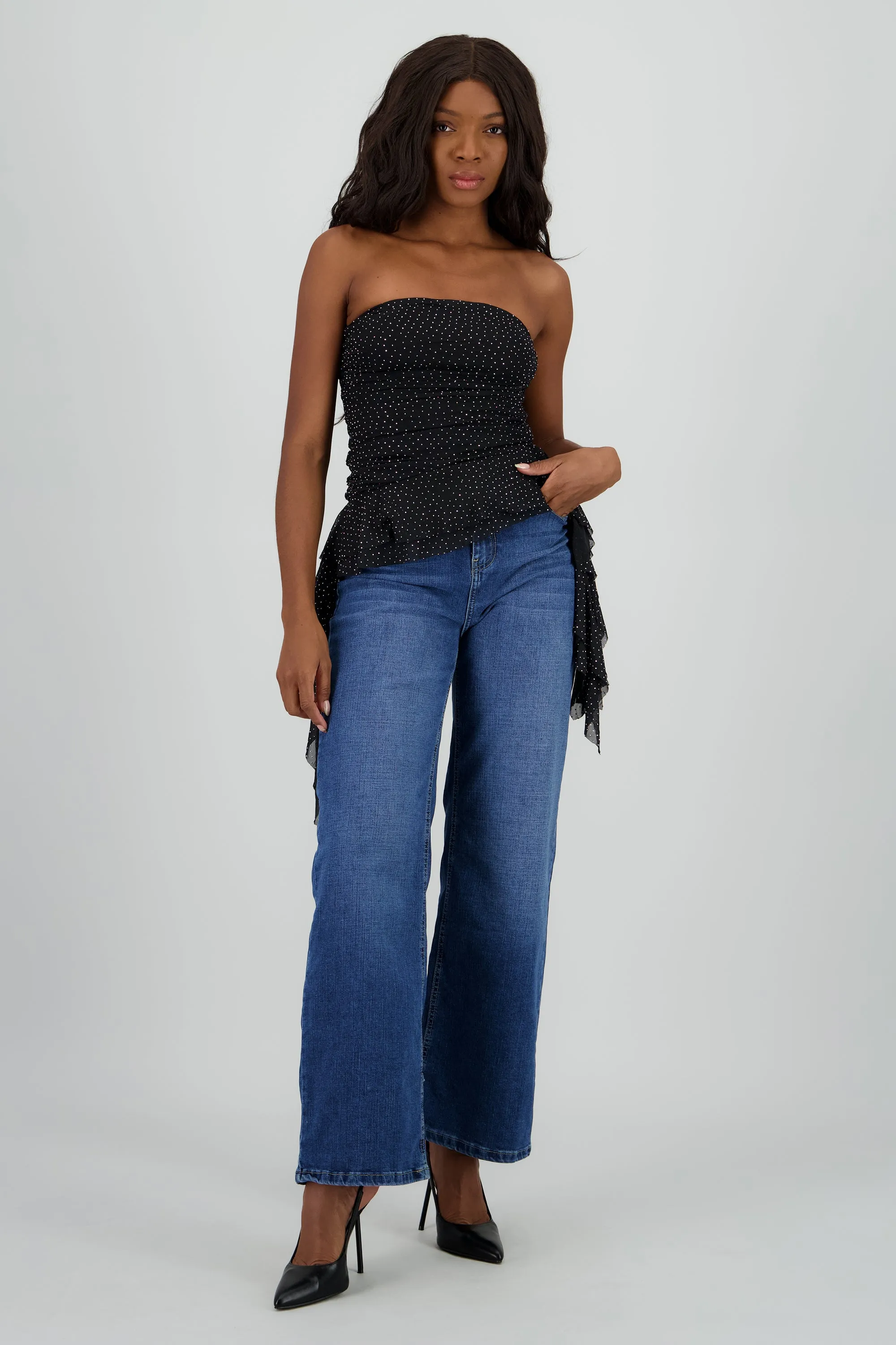 Top strapless drapeado con brillos sold by Shasa