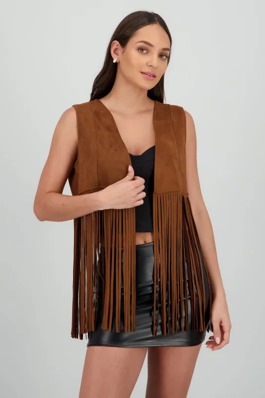 Chaleco liso suede detalle fringe sold by Shasa