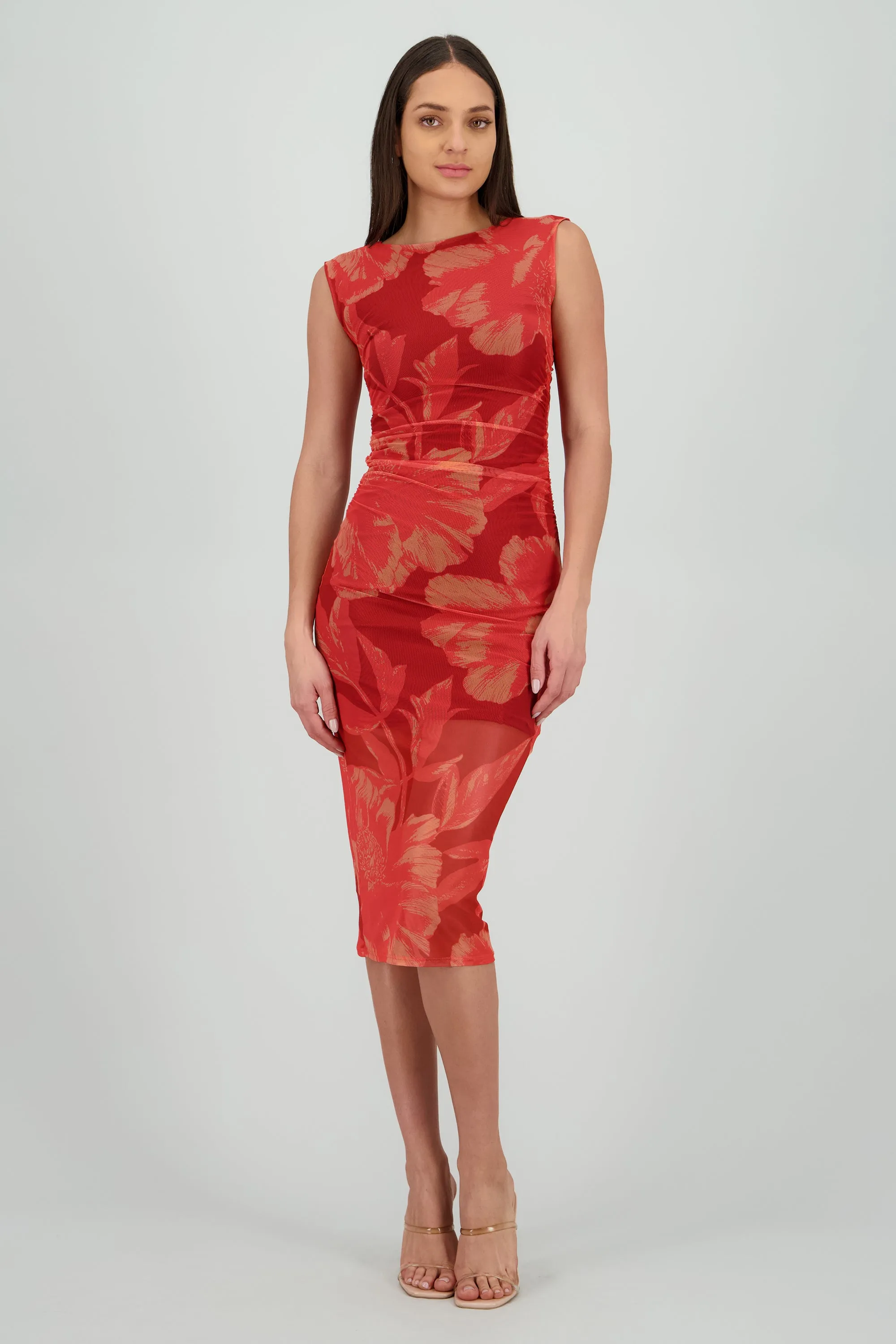 Vestido estampado midi drapeado sin mangas sold by Shasa