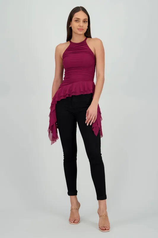 Top halter de mesh con tiras y olanes sold by Shasa