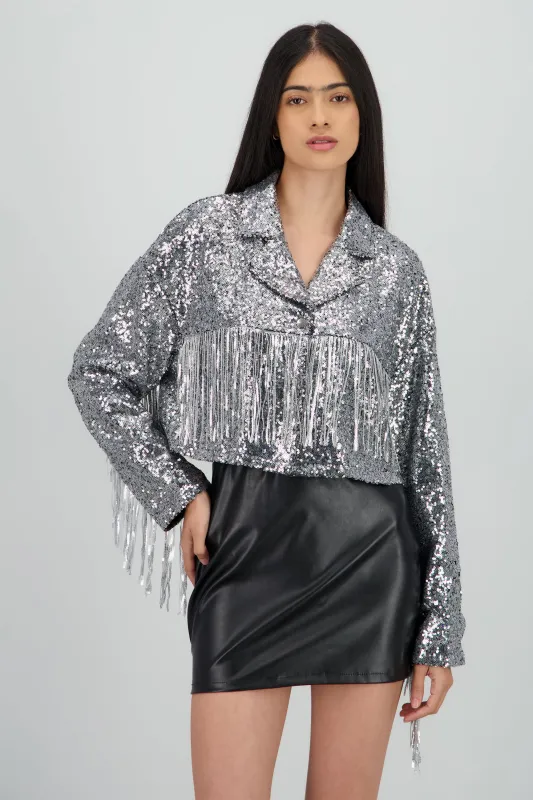 Chamarra crop fringe con brillos sold by Shasa
