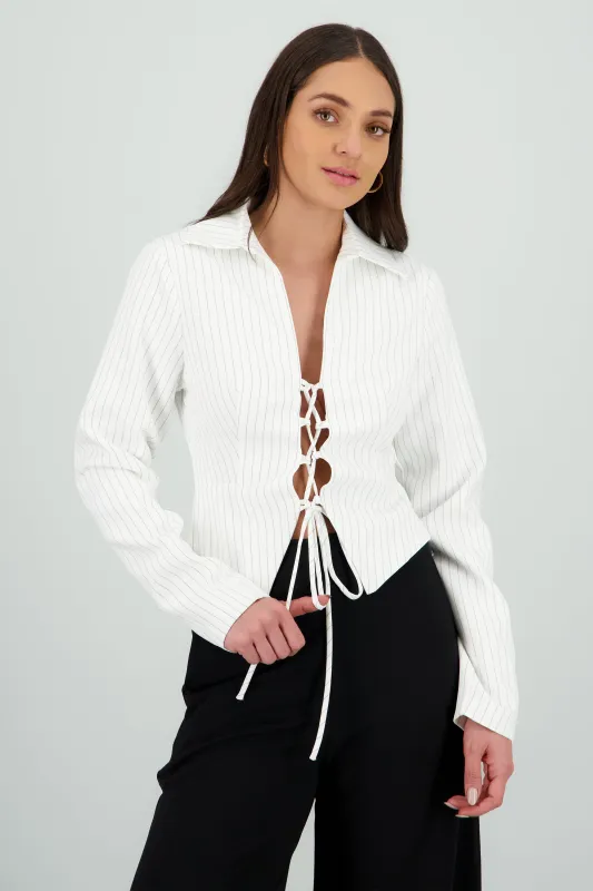 Blusa rayas m/l esc lace up sold by Shasa