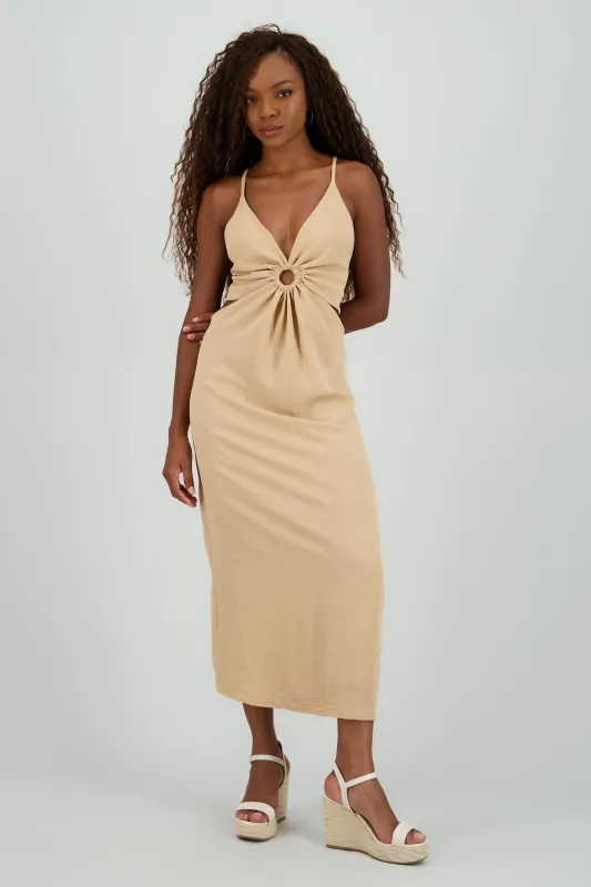 Vestido midi cuello v detalle cortes sold by Shasa