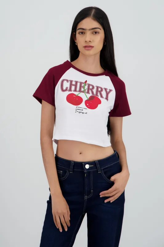 Playera crop cerezas contraste mangas sold by Shasa