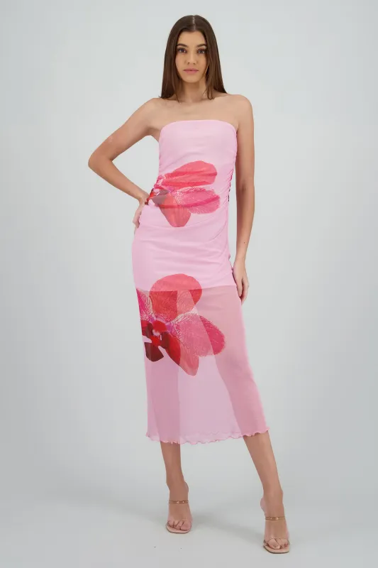 Vestido midi drapeado con estampado de flor sold by Shasa