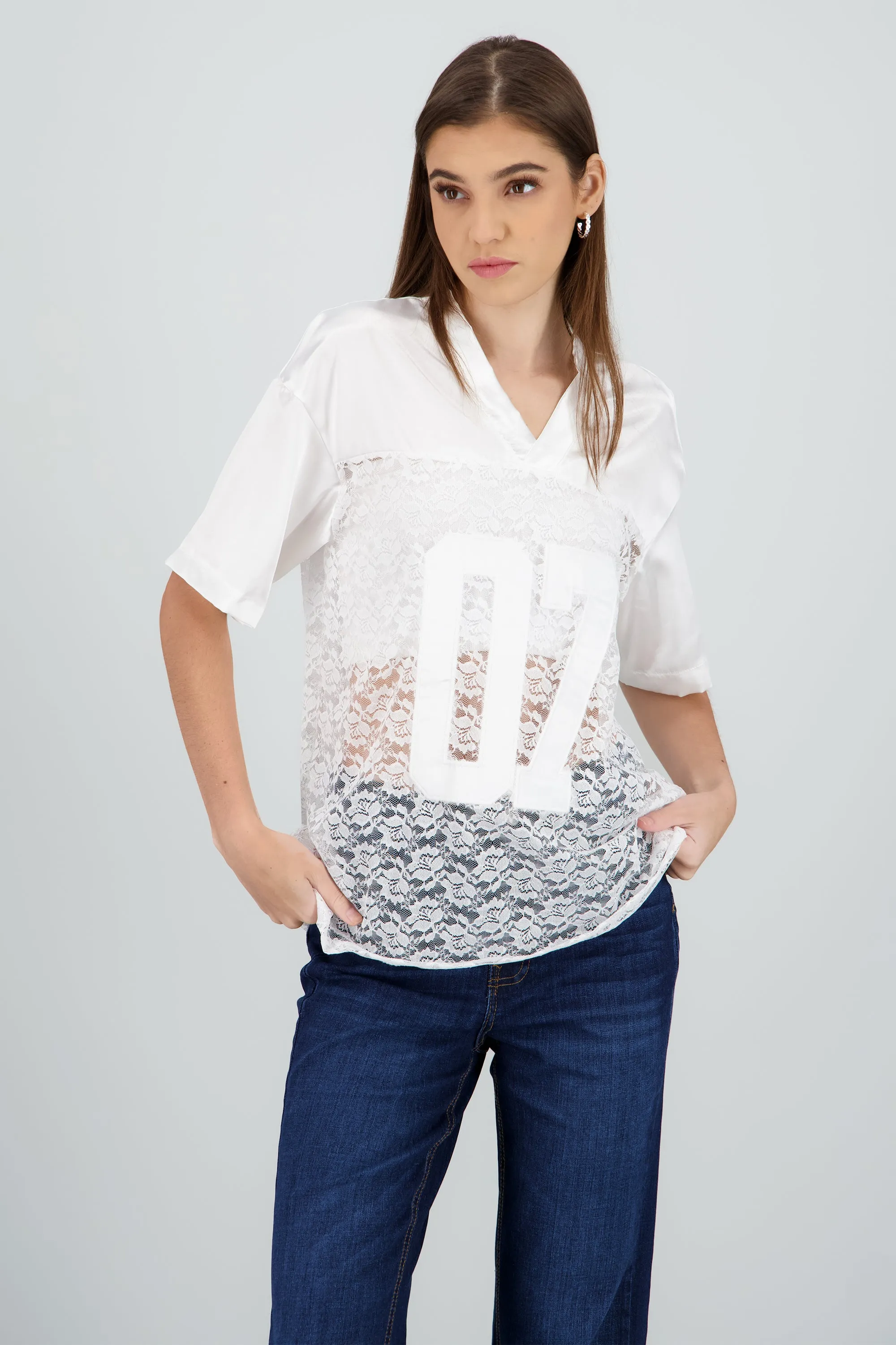 Playera manga cota numero encaje sold by Shasa