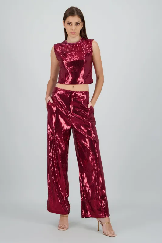 Pantalon recto de lentejuela sold by Shasa