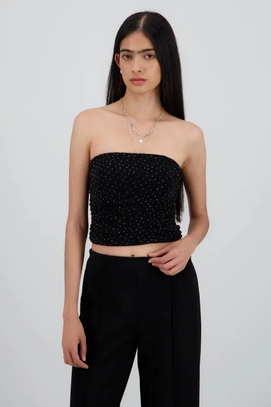 Top tubo drapeado tela de brillos con rhinestones sold by Shasa
