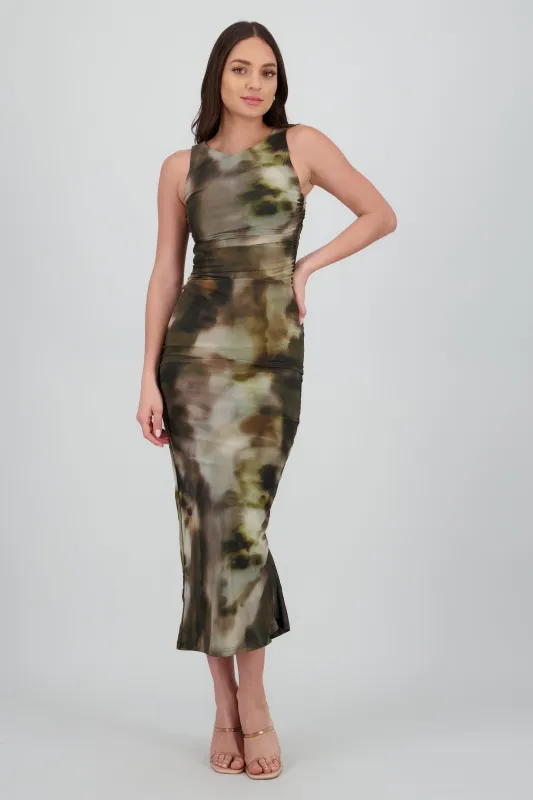 Maxivestido drapeado en costados con estampado sold by Shasa