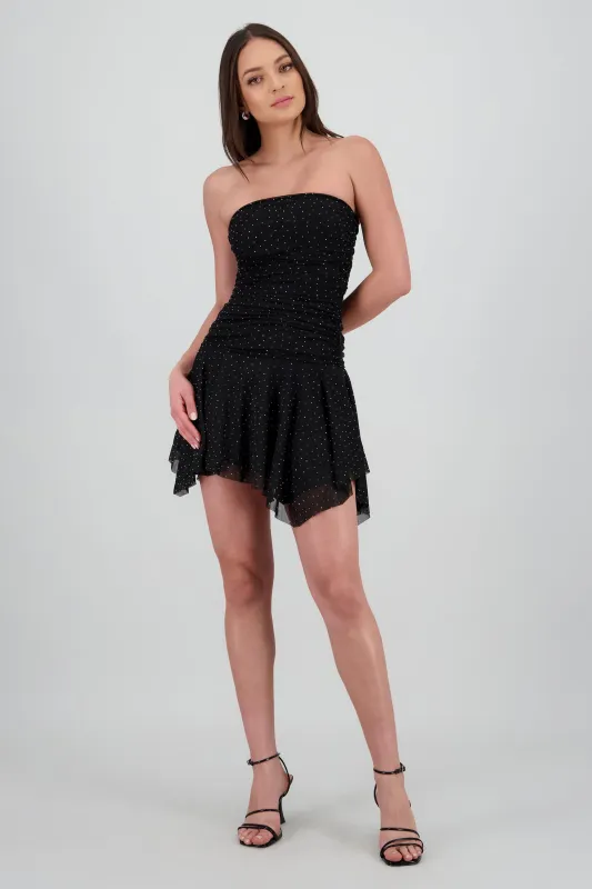 Vestido bandeau asimetrico con aplicacion brillos sold by Shasa