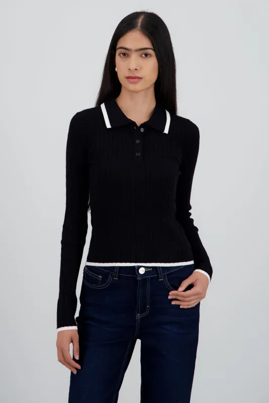 Sueter tipo polo manga larga textura raya contrast sold by Shasa