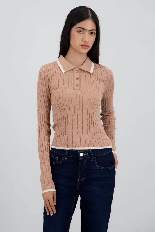 Sueter tipo polo manga larga textura raya contrast sold by Shasa