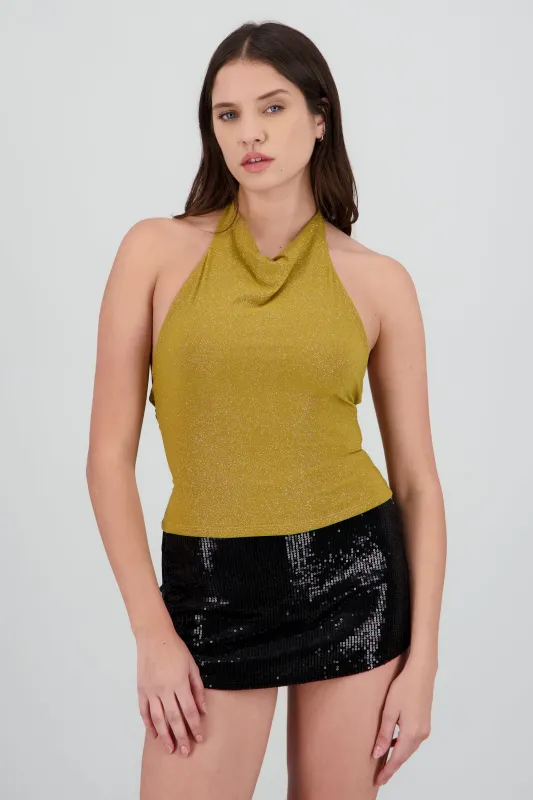Top halter drapeado brillos sold by Shasa