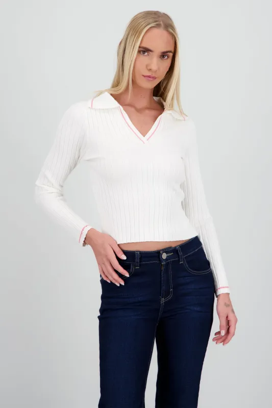 Top cuello polo tejido contraste lineas sold by Shasa