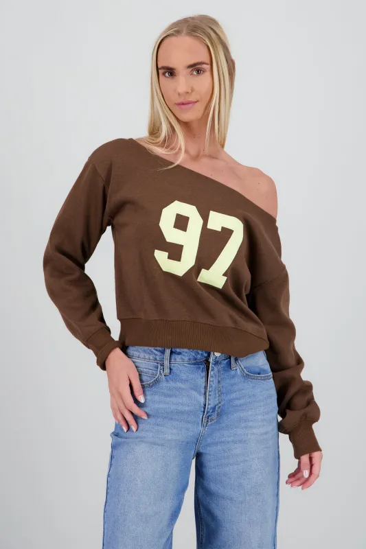 Sudadera off shoulder bordado numero sold by Shasa