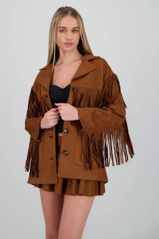 Chamarra suede de flecos sold by Shasa