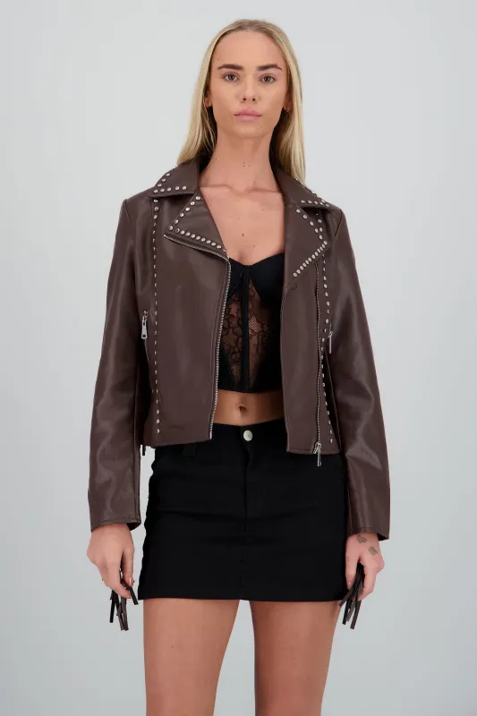 Chamarra cruzada pu fringe sold by Shasa