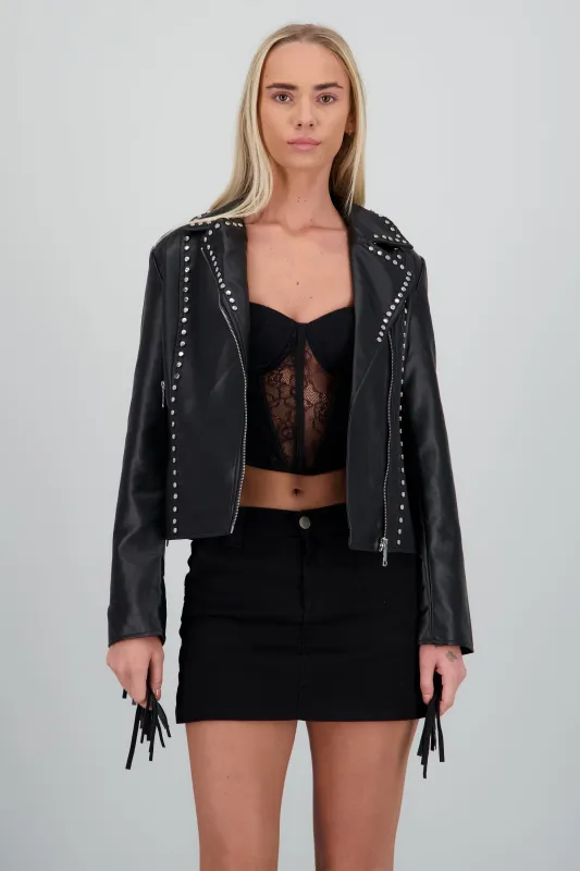 Chamarra cruzada pu fringe sold by Shasa