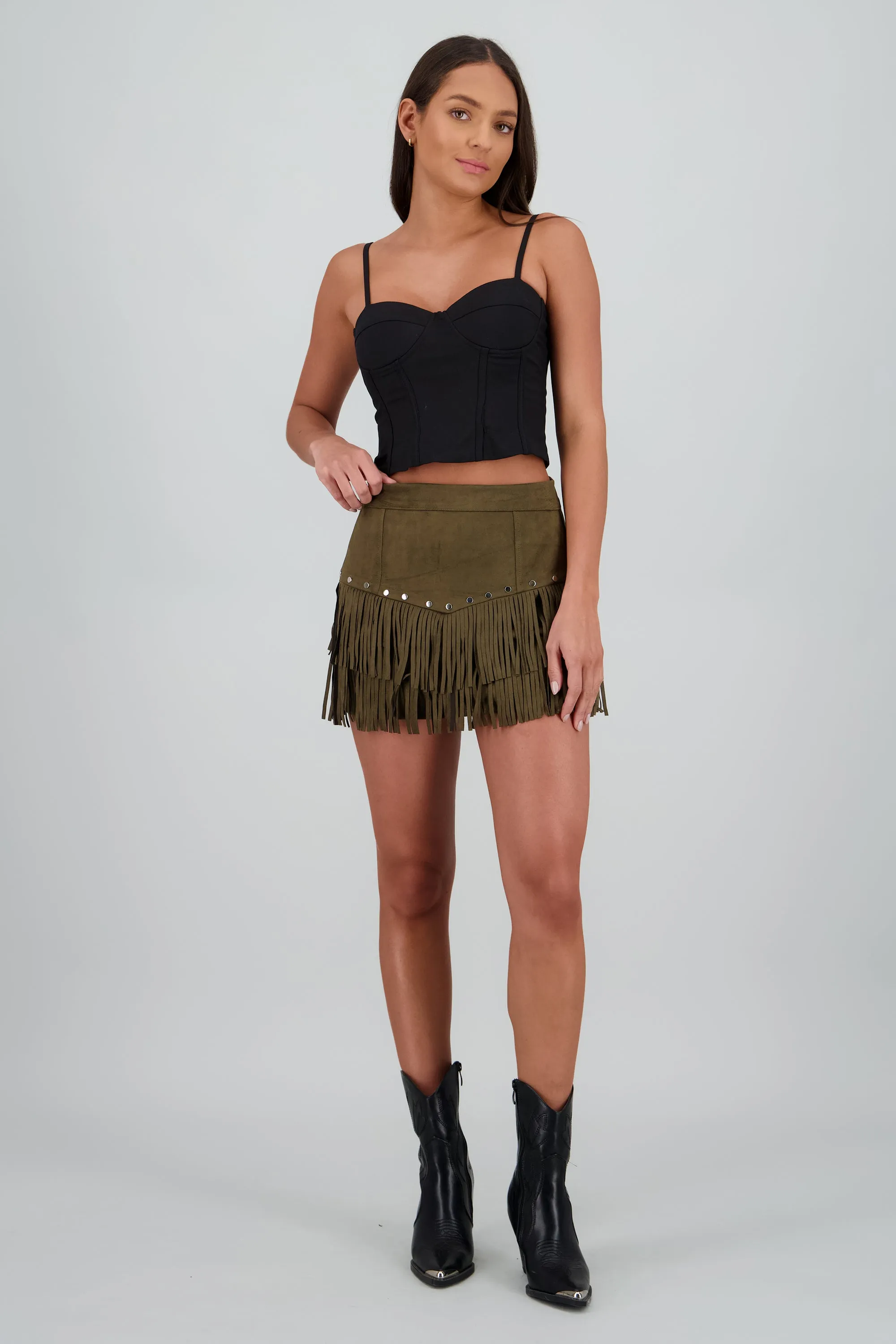 Falda mini suede detalle fringe sold by Shasa