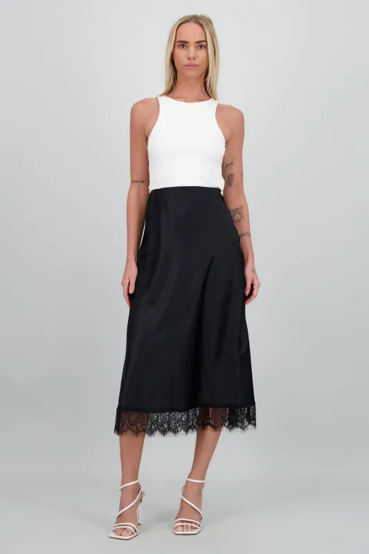 Falda satin midi detalle encaje sold by Shasa