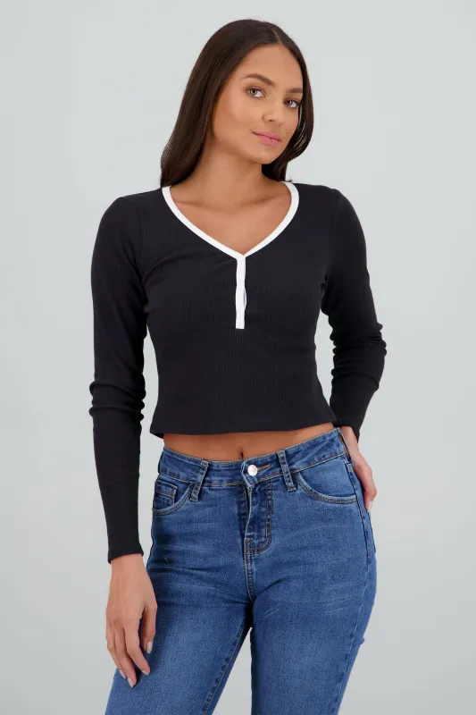 Top manga larga contraste detalle botones sold by Shasa