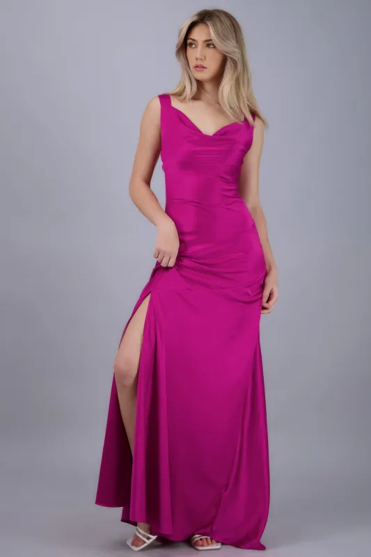 vestido maxi escote cascada satin abertura sold by Shasa