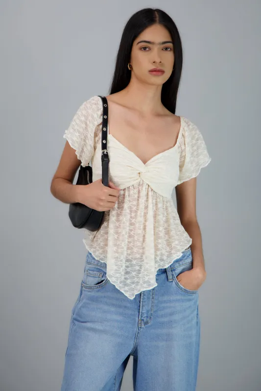 Blusa encaje asimetrica manga corta sold by Shasa