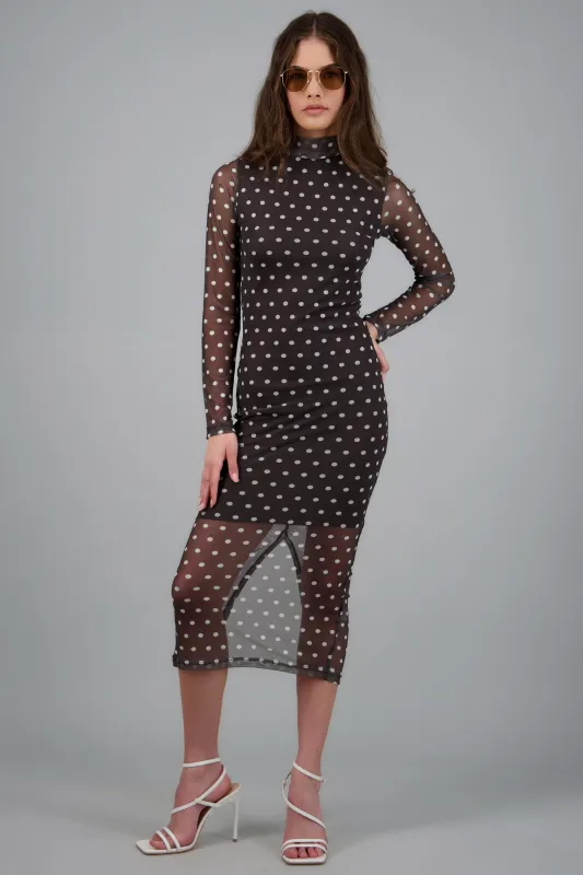 Vestido midi de mesh manga larga polka dots made by Shasa