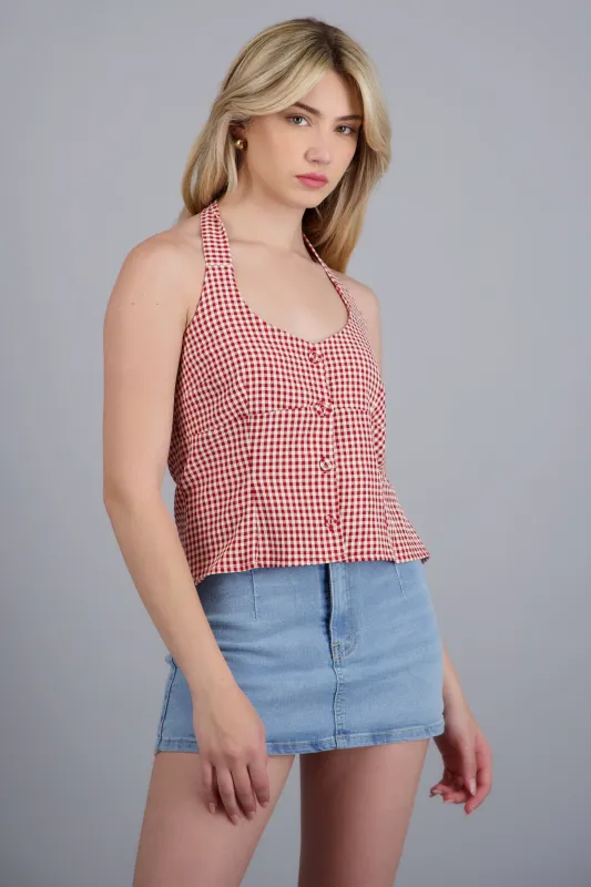 Top halter detalle botones ginham sold by Shasa