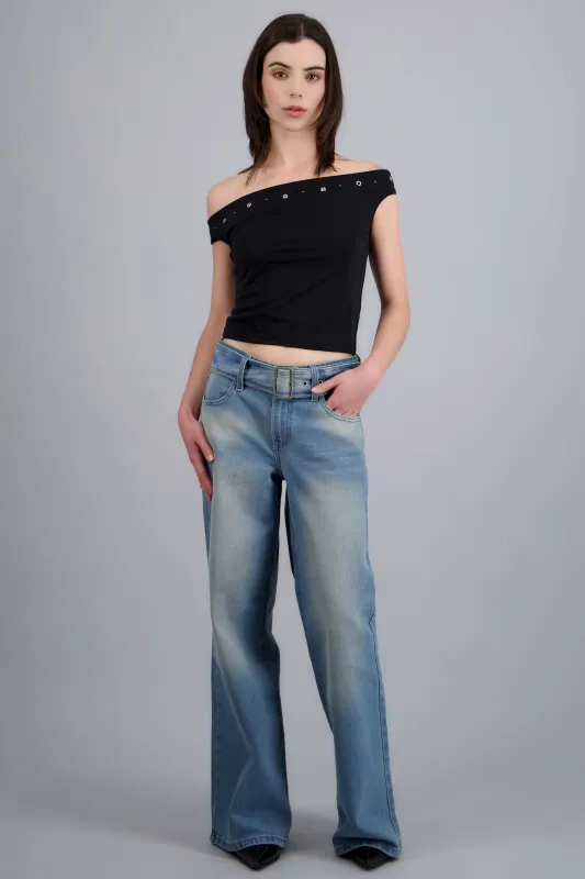 Jeans straight detalle cinturon made by Shasa
