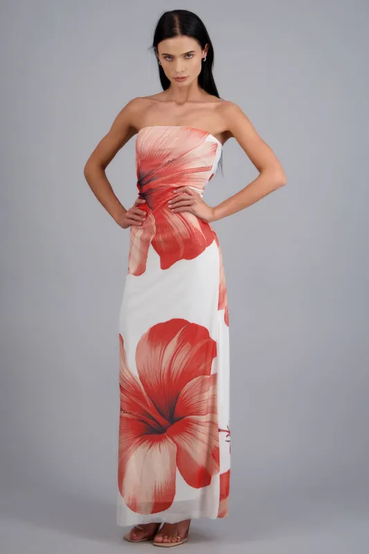 Vestido maxi strapples mesh flores made by Shasa