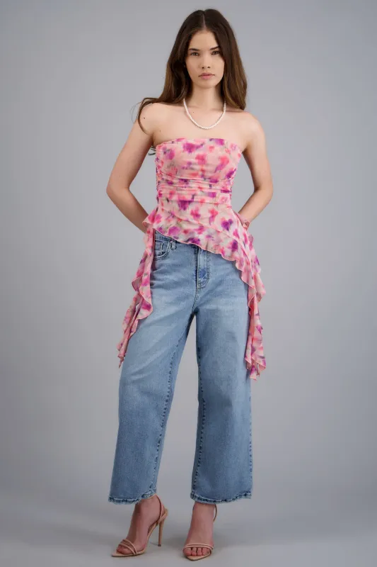 Top strapples asimetrico drapeado estampado made by Shasa