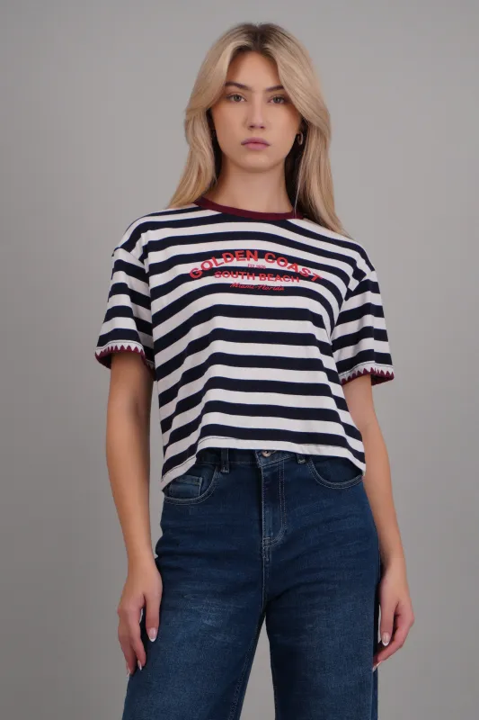 Playera golden coast rayas detalle bordado made by Shasa