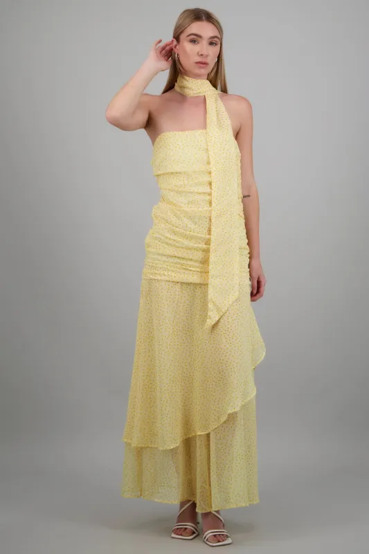 Vestido maxi strapless drapeado polka dots made by Shasa