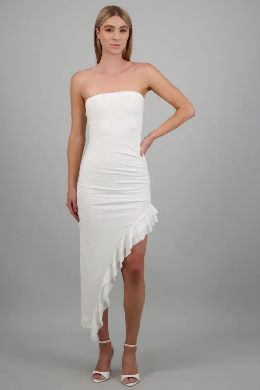 Vestido strapless midi detalle ruffles made by Shasa
