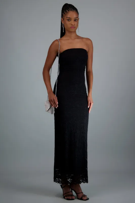 Vestido maxi detalle drapeado encaje brillos made by Shasa