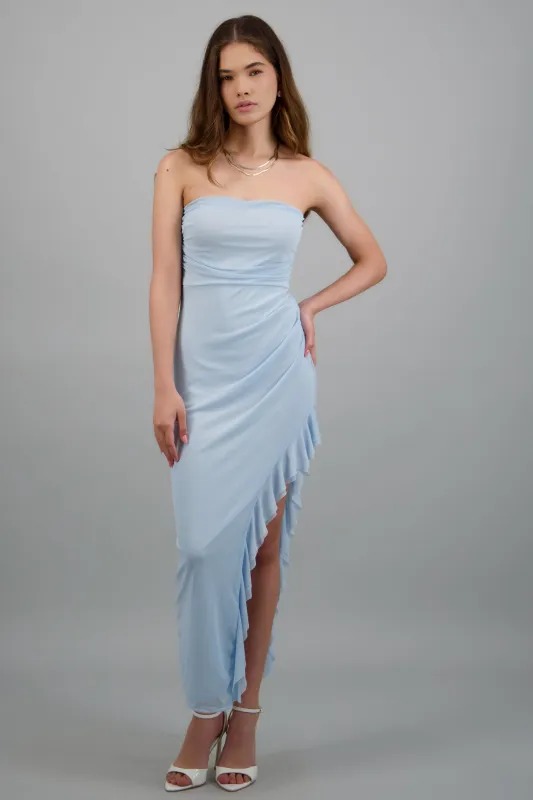 Vestido strapless asimétrico detalle frunce made by Shasa