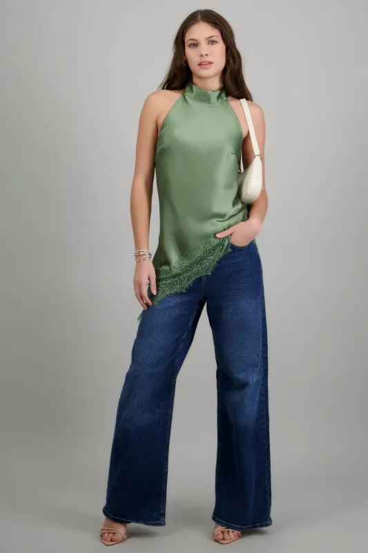 Top halter amarre satinado detalle encaje made by Shasa