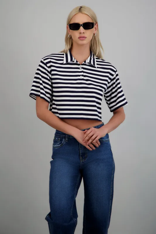 Playera crop cuello polo rayas made by Shasa