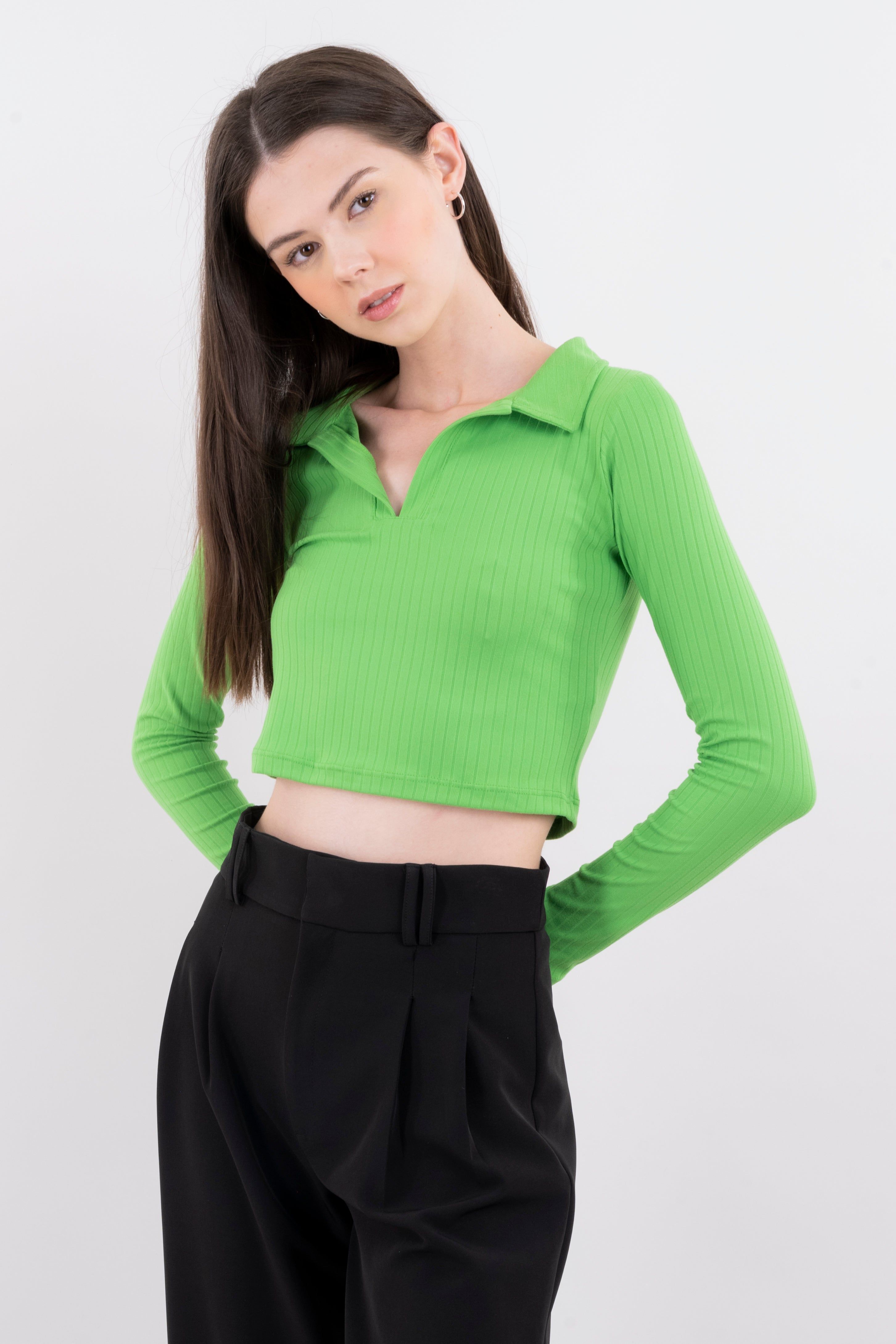 Top acanalado cuello polo manga larga sold by Shasa