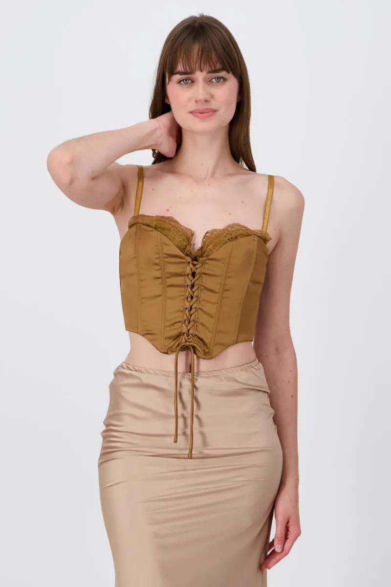 Blusa corset satin con lace up sold by Shasa