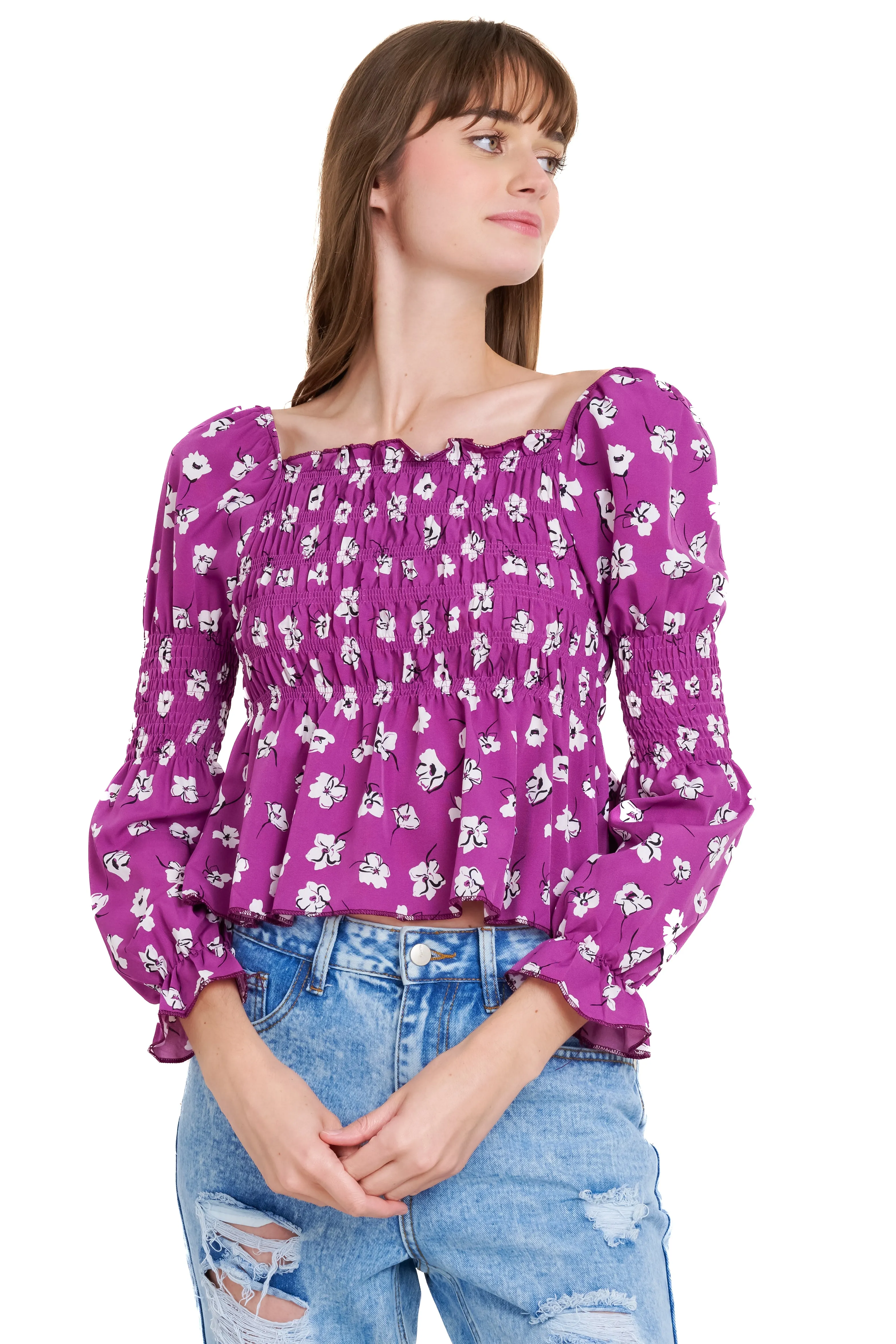 Blusa manga larga escote cuadrado detalle ligas sold by Shasa