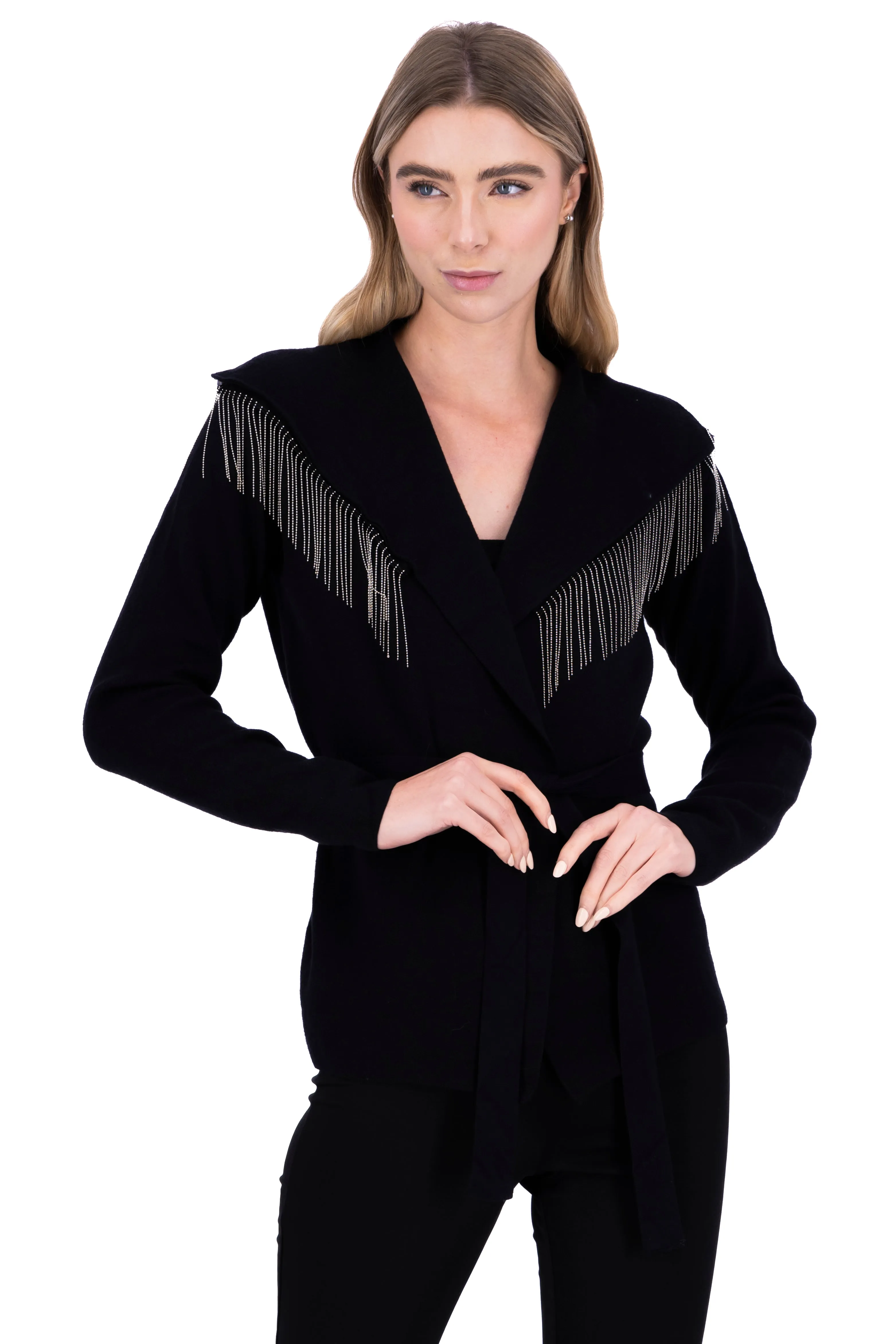 Cárdigan flecos brillos cinturón sold by Shasa